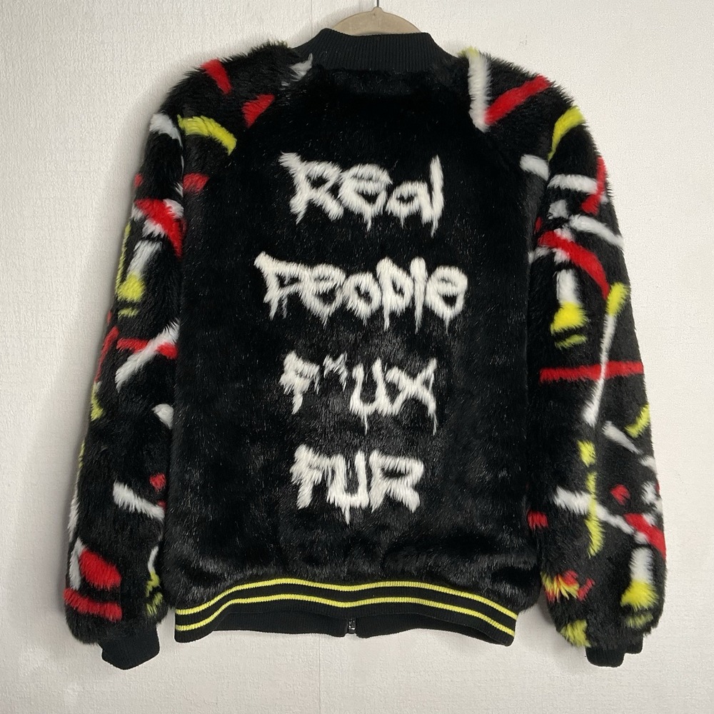 HEUREAH Real People Faux Fur Graphic Bomber Jacket Size Large Multicolor Pockets - Picture 5 of 13